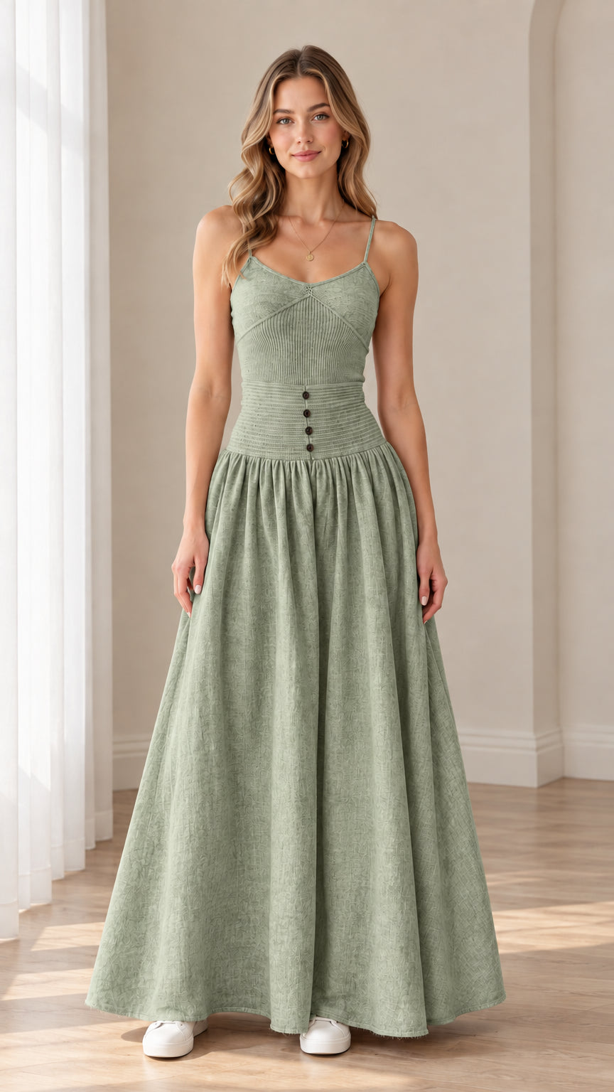 Women's sage green sleeveless drop waist maxi dress