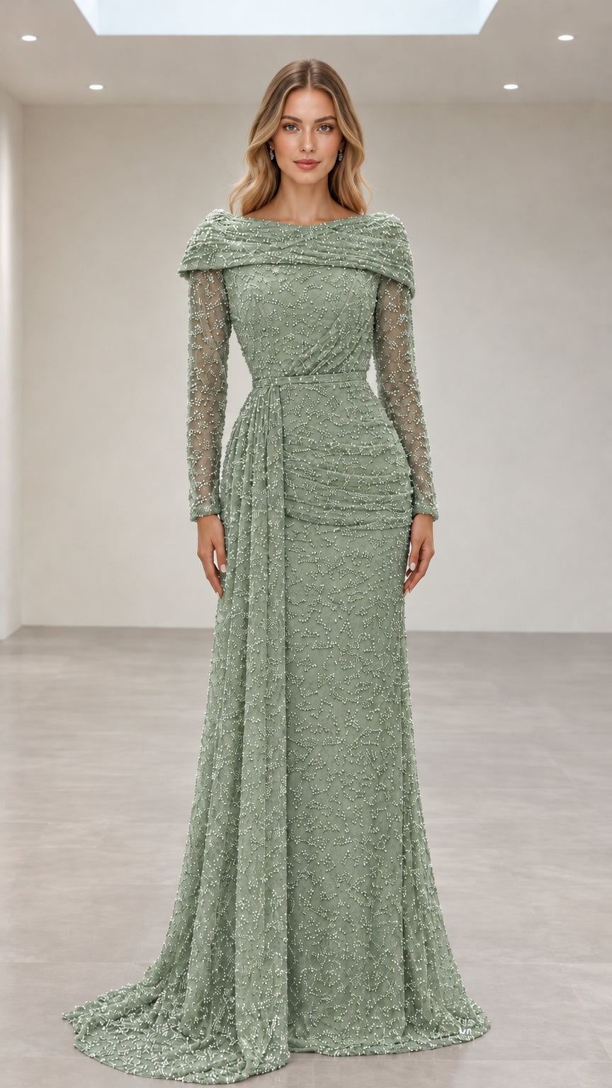 Sage Green embellished long-sleeve floor-length evening dress