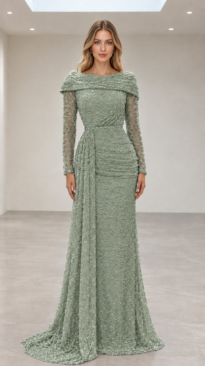 Sage Green embellished long-sleeve floor-length evening dress