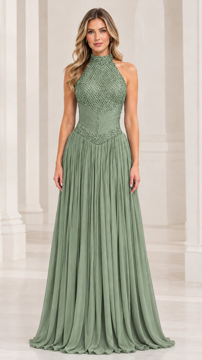 Front view of model wearing a sage green high-neck halter beaded evening dress