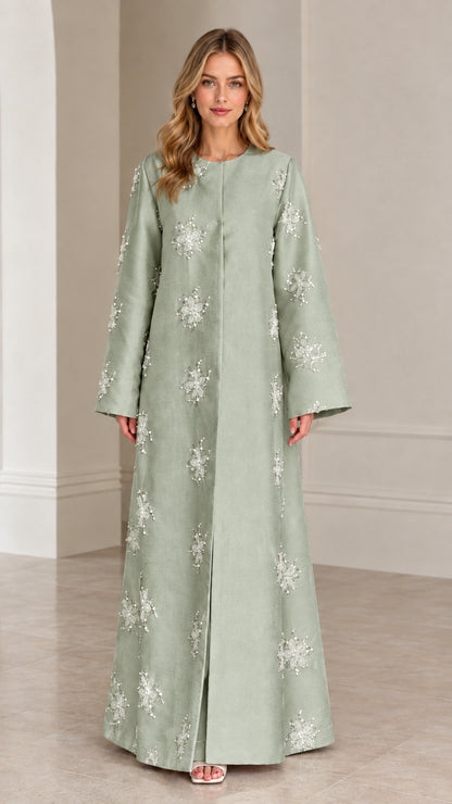 Full front view of Sage Green beaded A-line maxi abaya dress