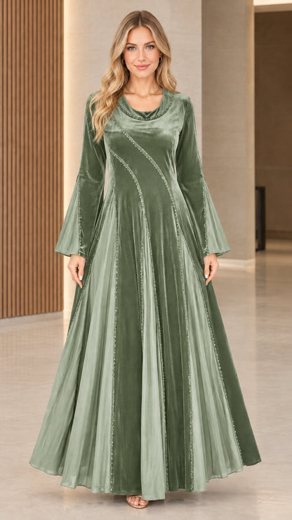 Sage green velvet cowl neck maxi dress with flared sleeves