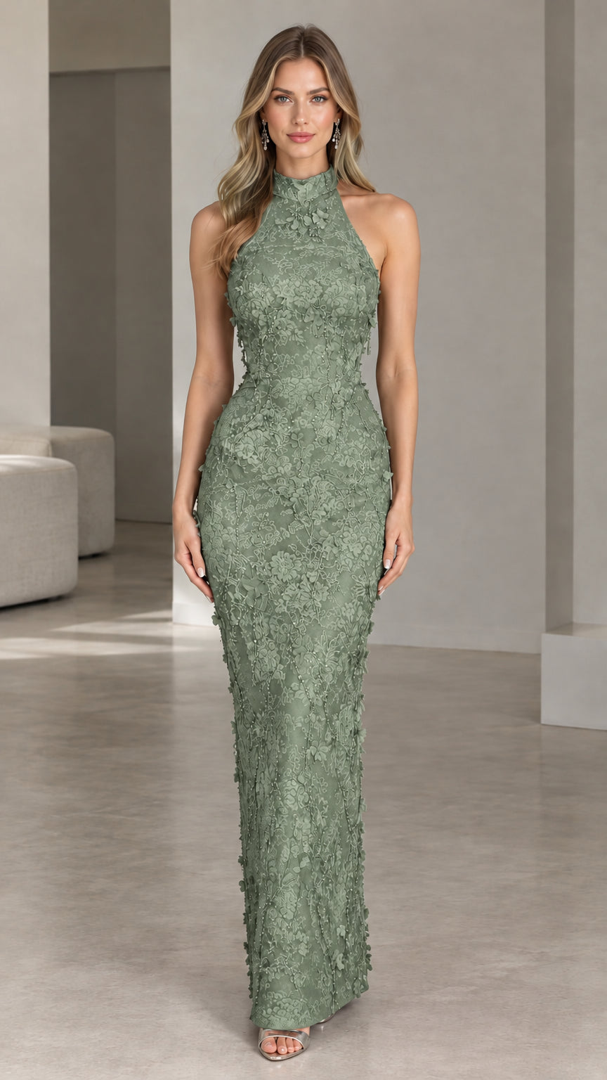 Front view of sage green textured floral lace evening gown