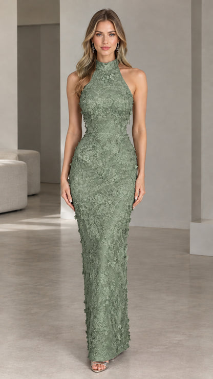 Front view of sage green textured floral lace evening gown