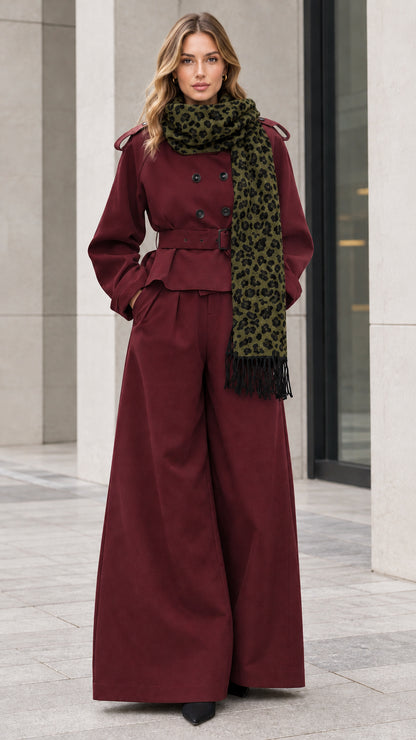 Burgundy wine red cropped trench jacket and matching wide trousers set