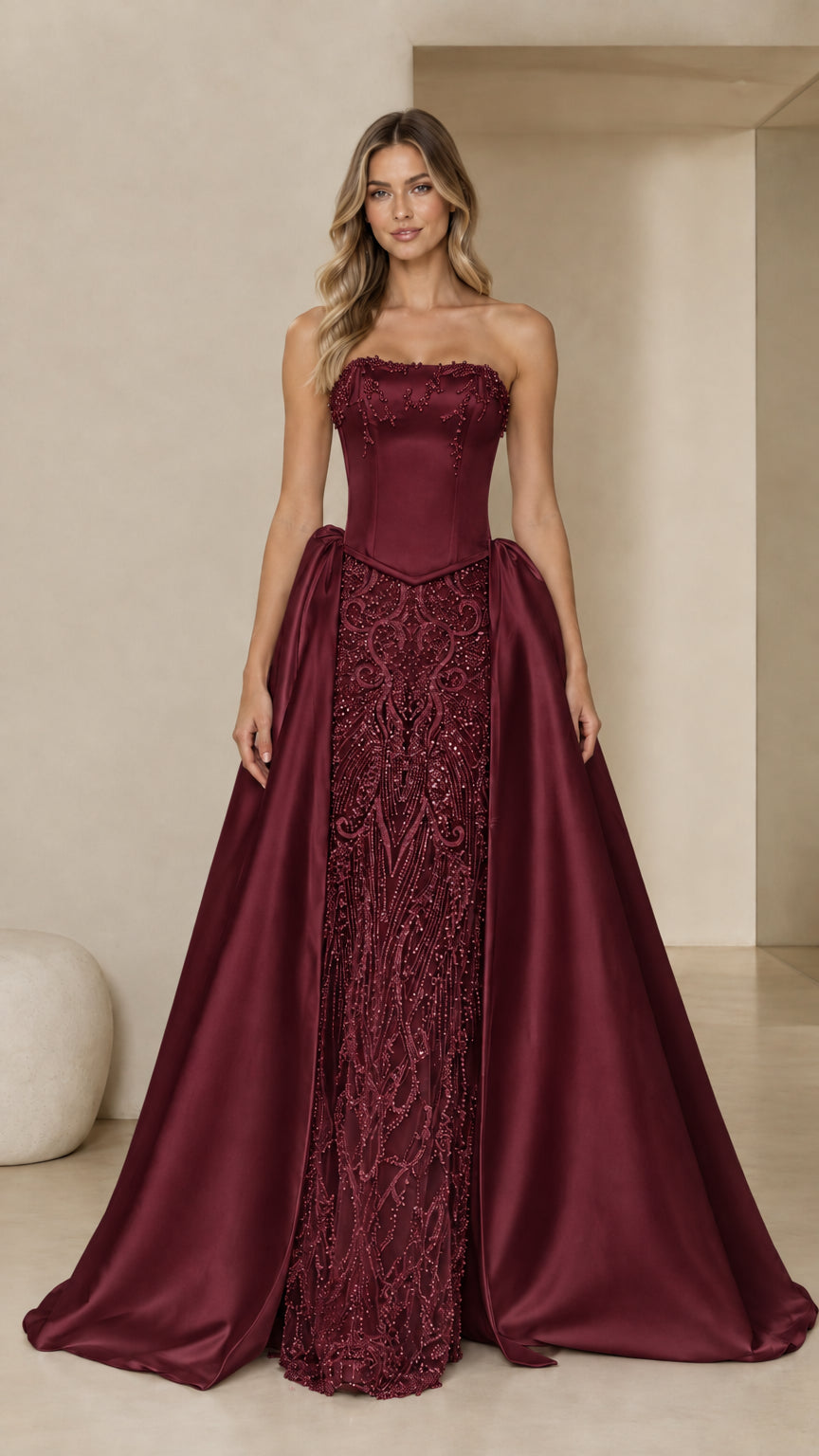 Front full view of Burgundy strapless beaded corset evening dress