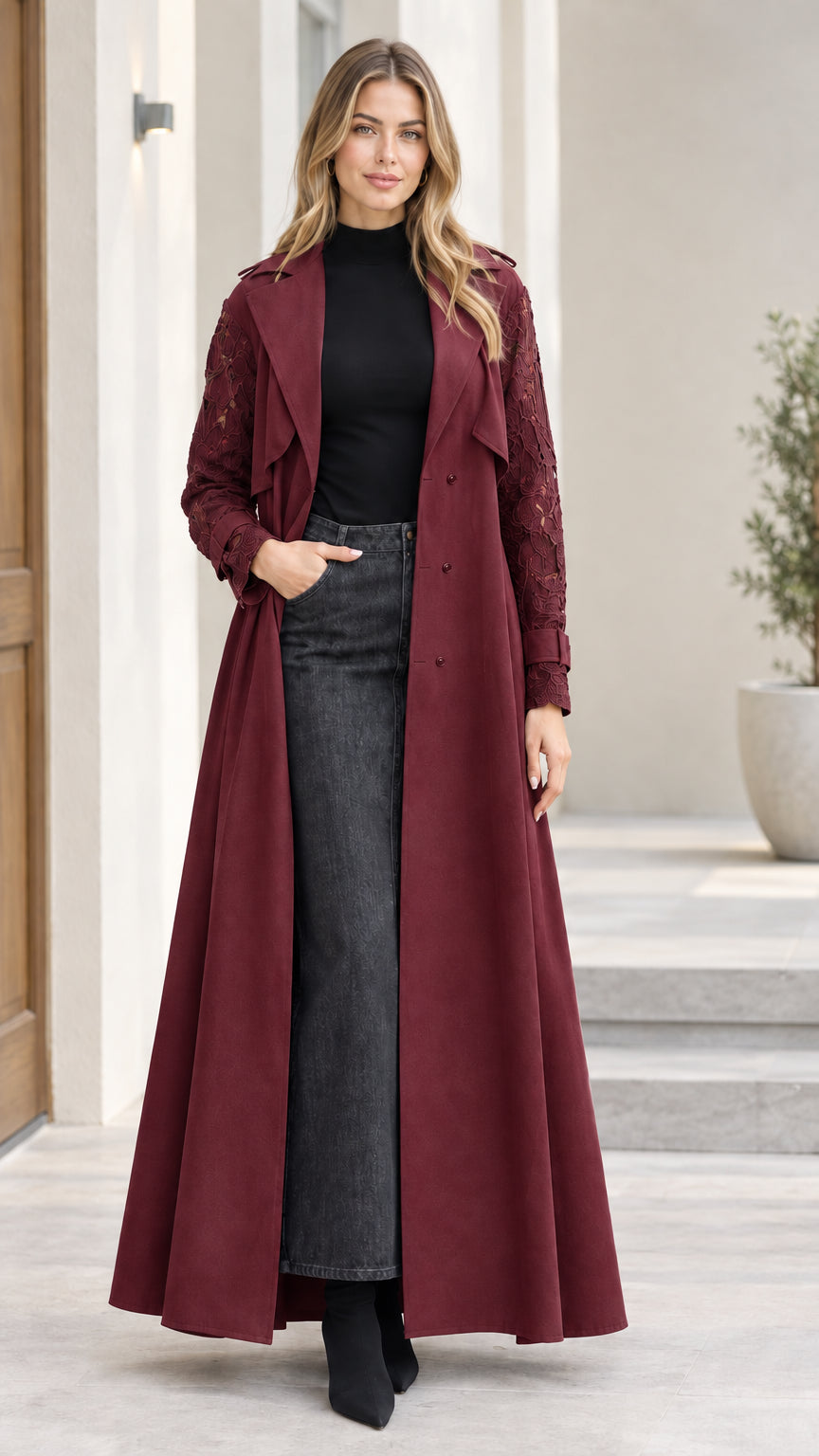 Front full-length view of burgundy red lace-sleeve maxi trench coat