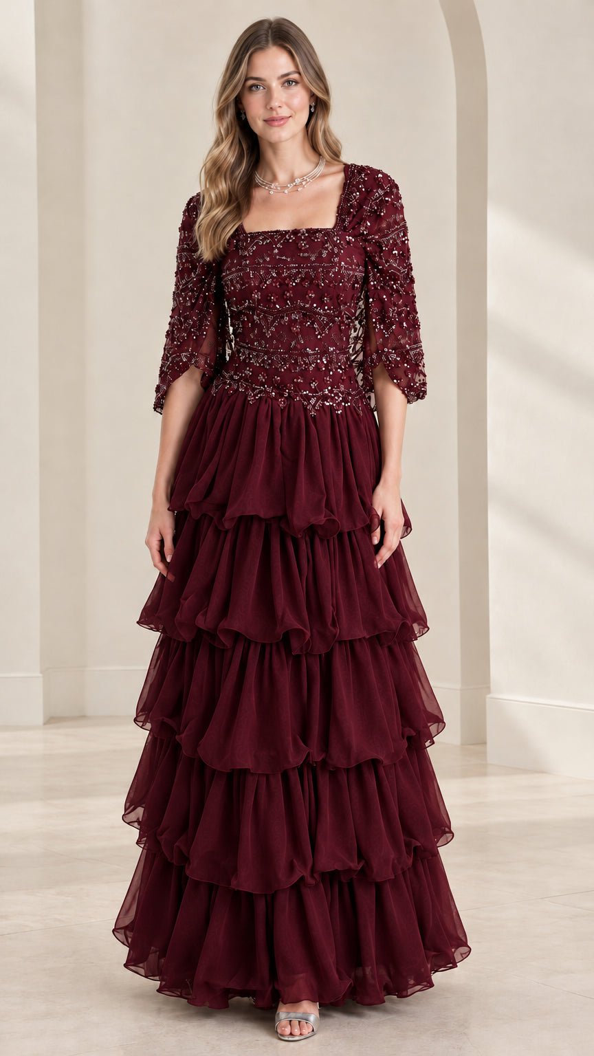 Full view of burgundy wine sequin beaded tiered ruffle formal evening dress