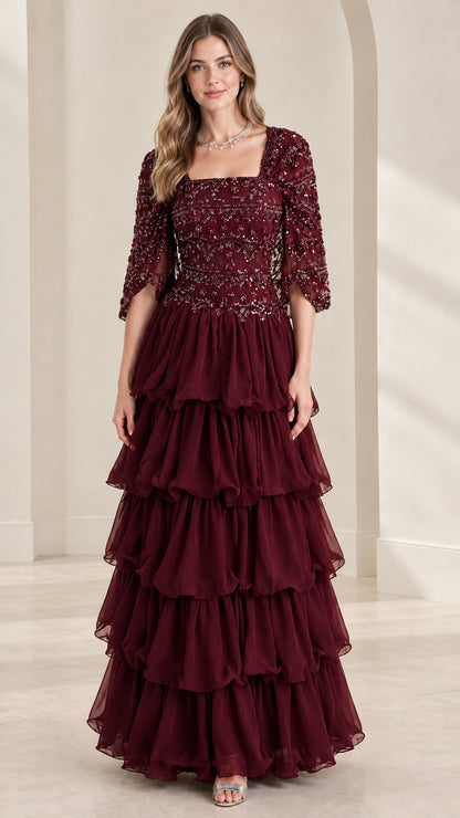 Full view of burgundy wine sequin beaded tiered ruffle formal evening dress
