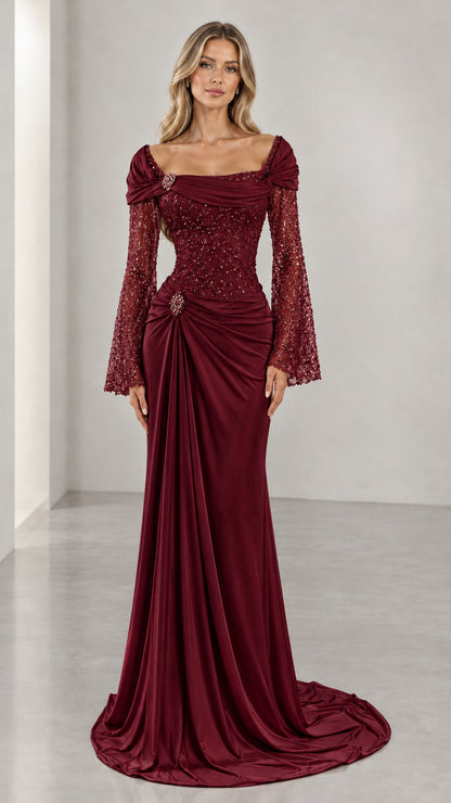 Burgundy red draped evening gown with sequin beaded lace bodice