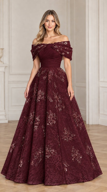 Full front view of model in burgundy wine lace ball gown