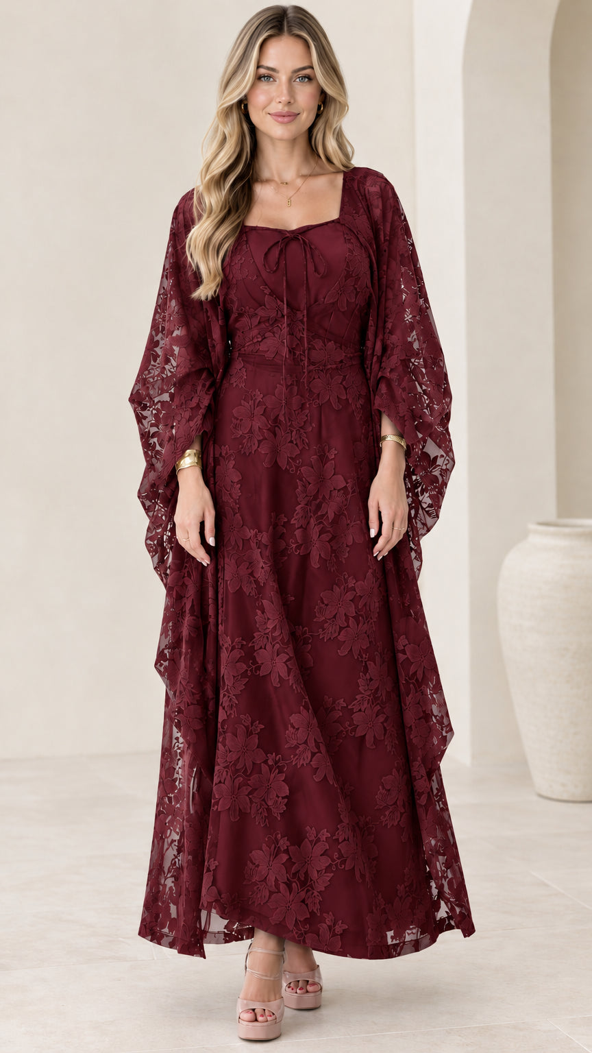 Front full view of burgundy wine red floral lace maxi dress