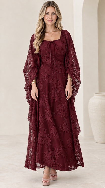 Front full view of burgundy wine red floral lace maxi dress
