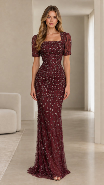 Burgundy wine square neck beaded sequin formal gown