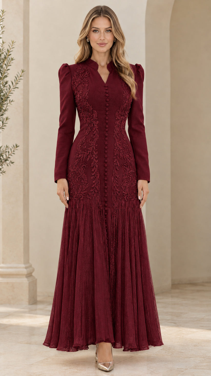 Front view of burgundy wine long sleeve embroidered pleated maxi dress