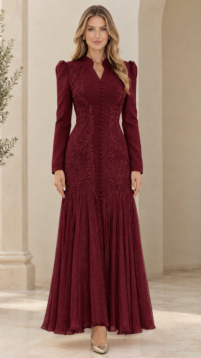 Front view of burgundy wine long sleeve embroidered pleated maxi dress