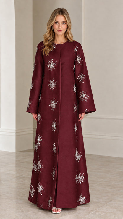 Full front view of Burgundy wine red embellished evening coat dress