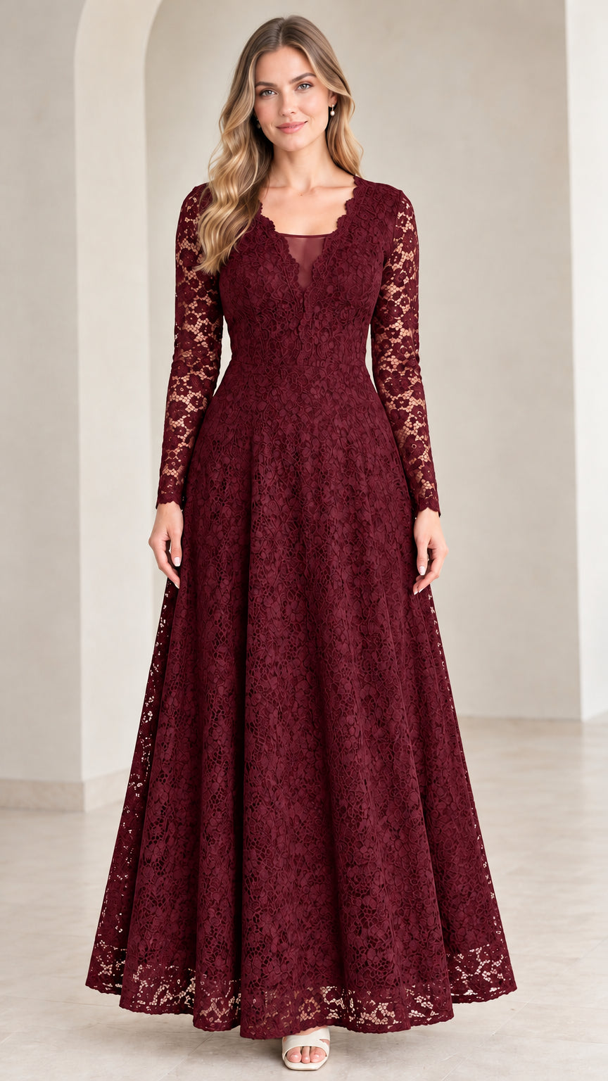 Front view of model wearing Burgundy wine red long sleeve lace formal dress