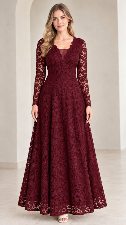 Front view of model wearing Burgundy wine red long sleeve lace formal dress