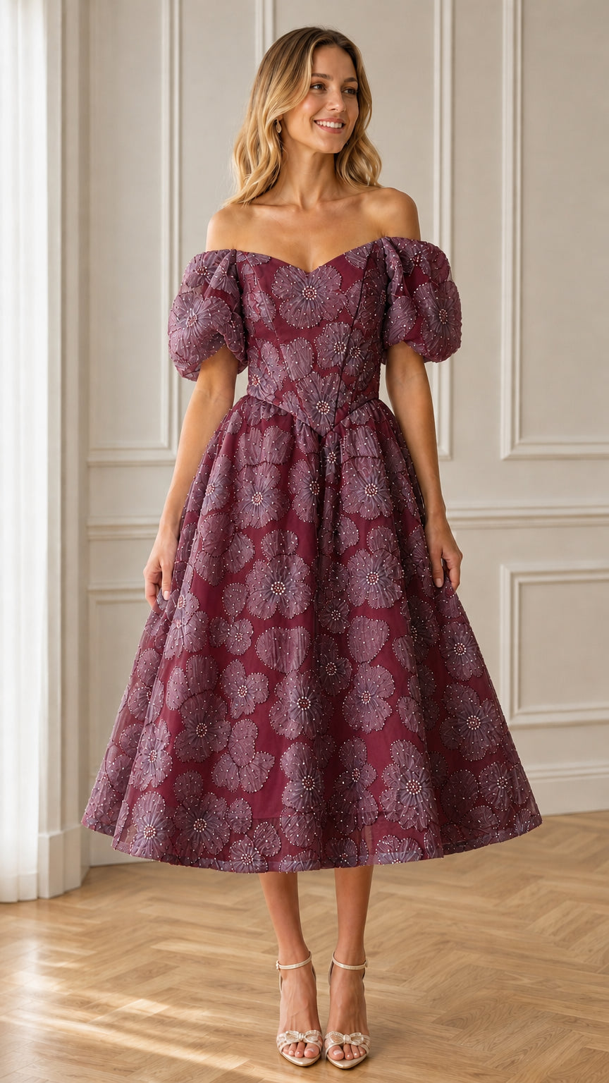 Front view of burgundy floral applique midi dress