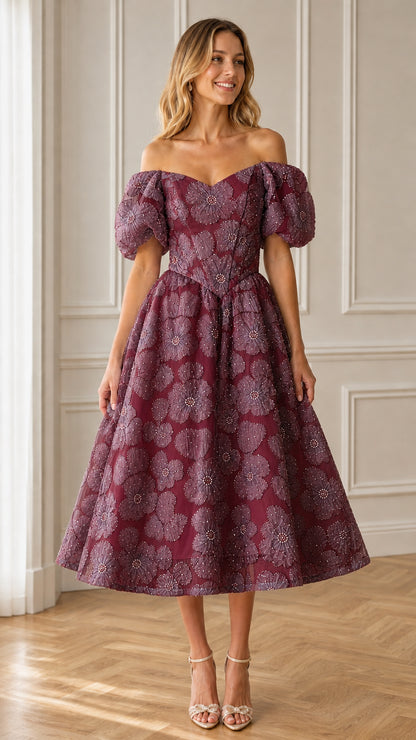 Front view of burgundy floral applique midi dress
