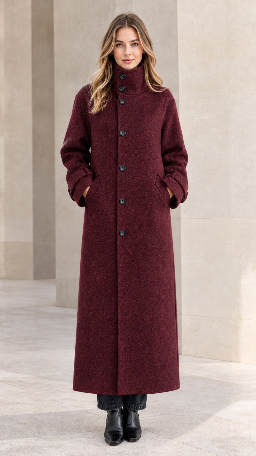 Front view of woman wearing deep burgundy long wool-look coat with stand collar
