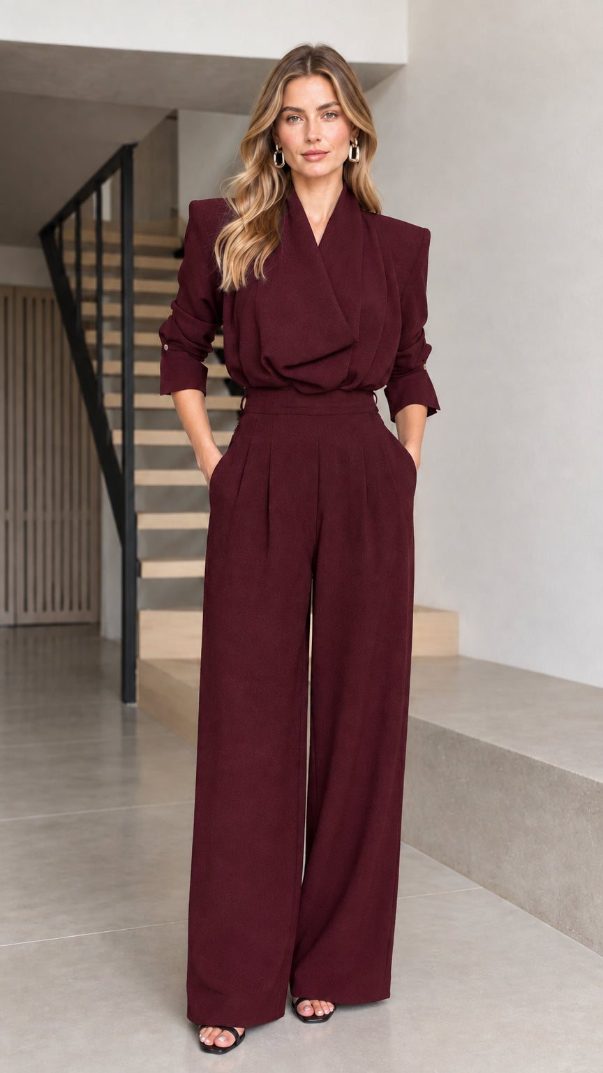 Front full view of woman wearing burgundy wine tailored wrap-front wide-leg jumpsuit