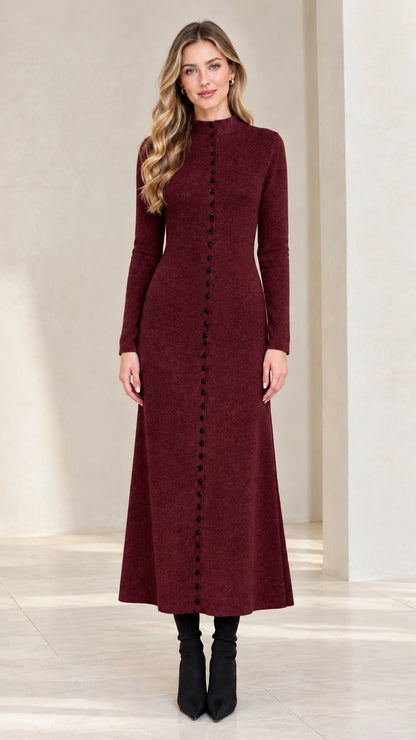 Model wearing Burgundy wine red mock neck long sleeve knit maxi dress