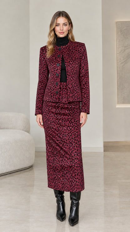 Model wearing Burgundy red leopard print two-piece skirt suit