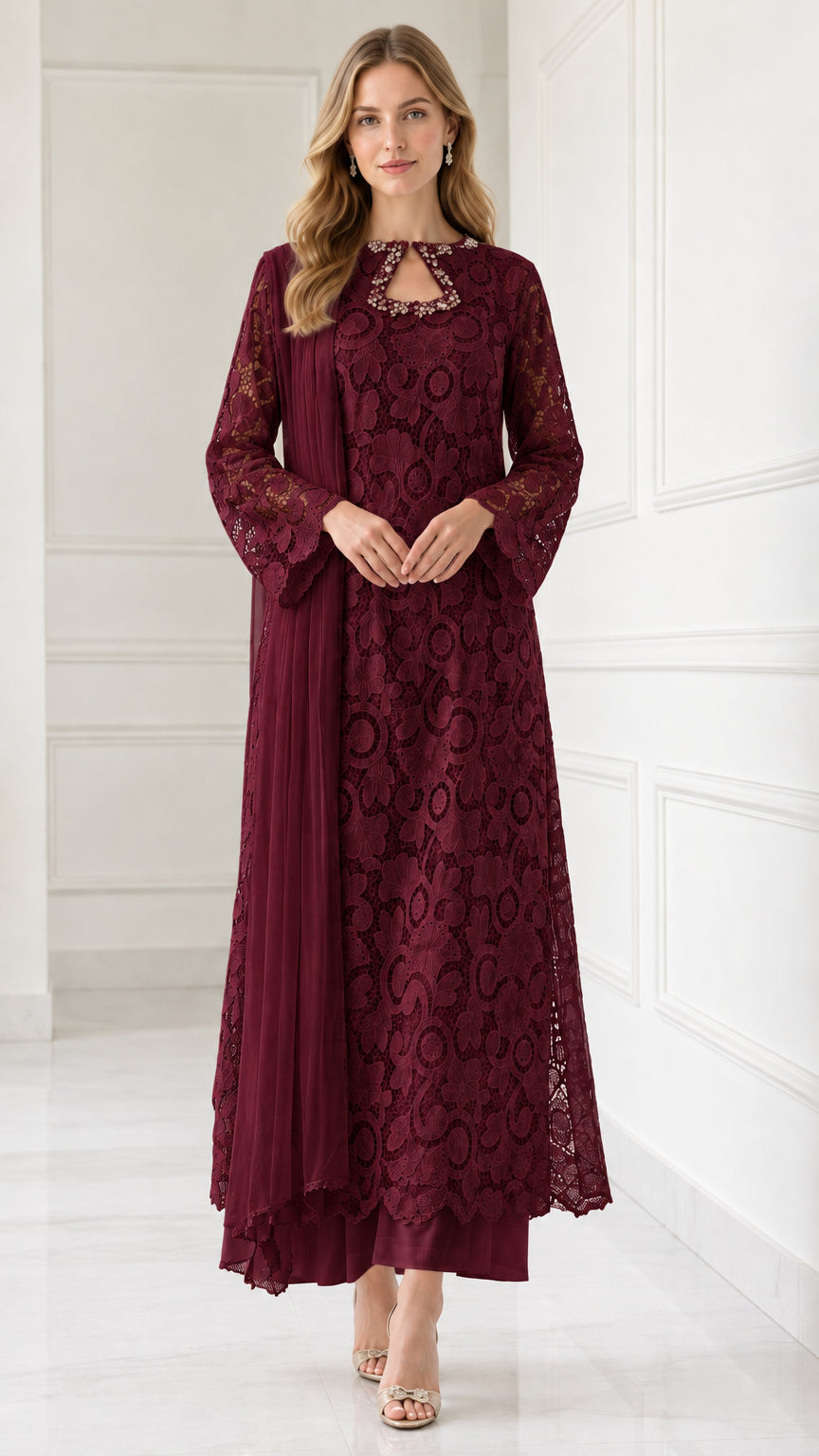 Full-length view of Burgundy wine floral lace 3-piece tunic set with scarf
