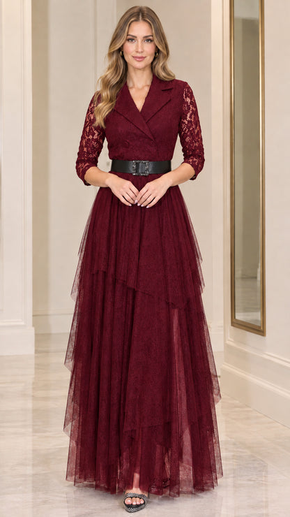 Model wearing burgundy wine red lapel lace tiered maxi evening dress with belt