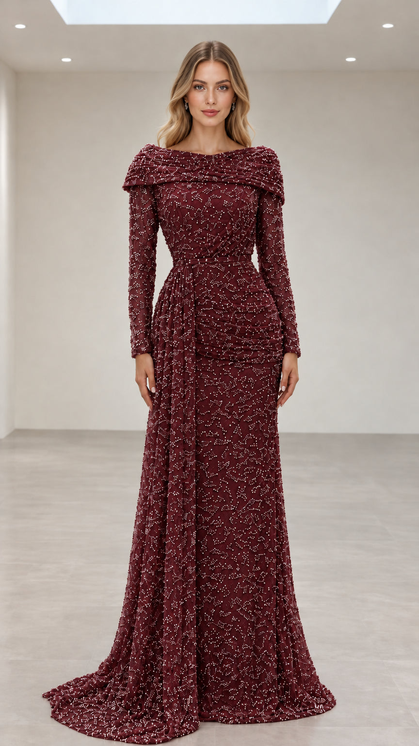 Burgundy wine red beaded long-sleeve formal gala gown