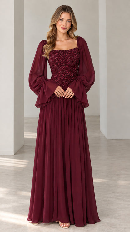 Burgundy wine sequin bodice long sleeve evening gown