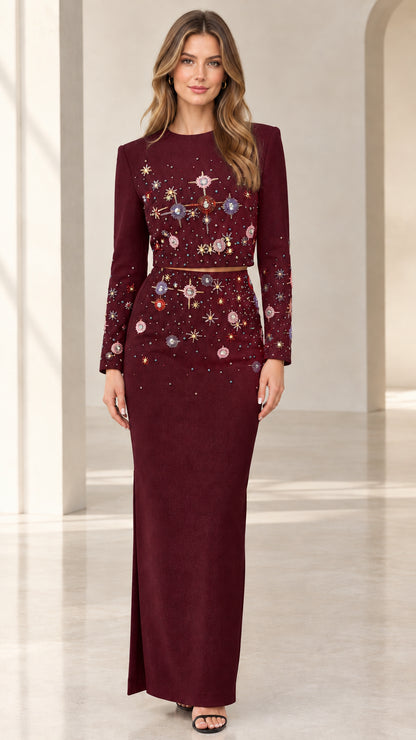 Front view of burgundy wine beaded two-piece evening maxi set