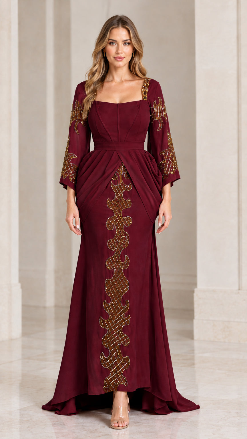 Front view of burgundy wine red square neck beaded maxi gown