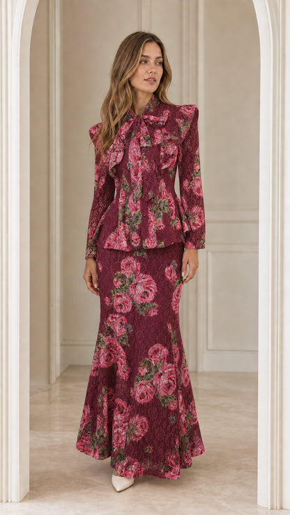 Front view of woman wearing burgundy floral lace two-piece set