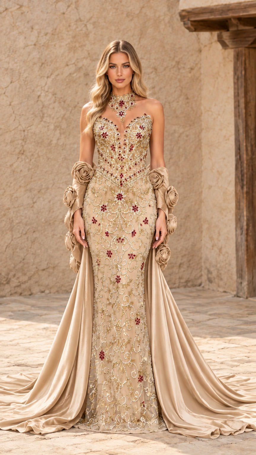 Front view of champagne gold beaded evening gown with matching gold rosette train