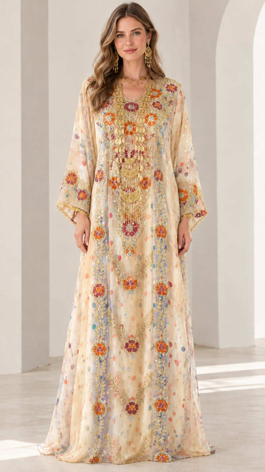 Front view of champagne cream embroidered kaftan maxi dress with gold detailing