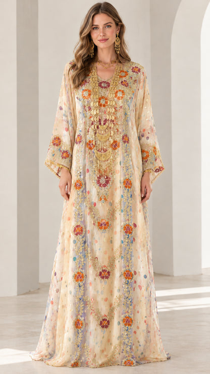 Front view of champagne cream embroidered kaftan maxi dress with gold detailing