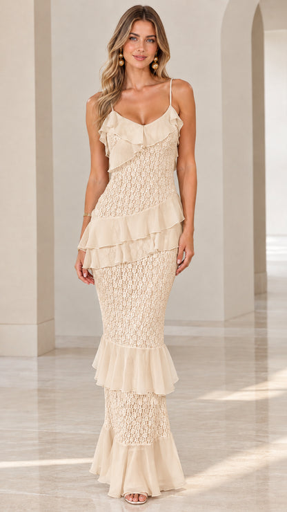 Model wearing champagne beige tiered ruffle lace maxi dress