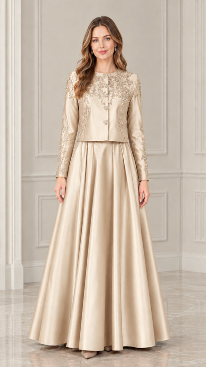 Model wearing champagne gold beaded formal jacket and floor-length skirt set