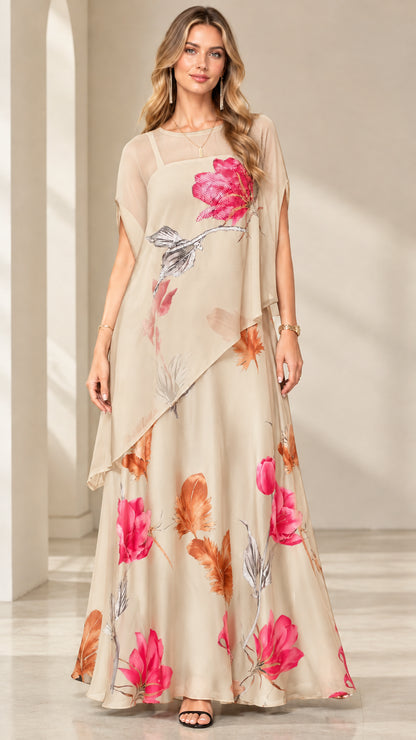 Champagne beige floral chiffon capelet maxi dress front view