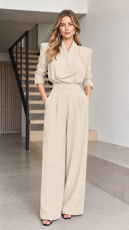 Front full view of woman wearing beige cream tailored wrap-front wide-leg jumpsuit