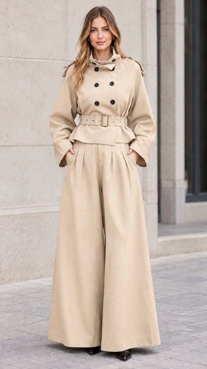 Front view of woman wearing beige khaki cropped trench jacket and wide-leg pants set