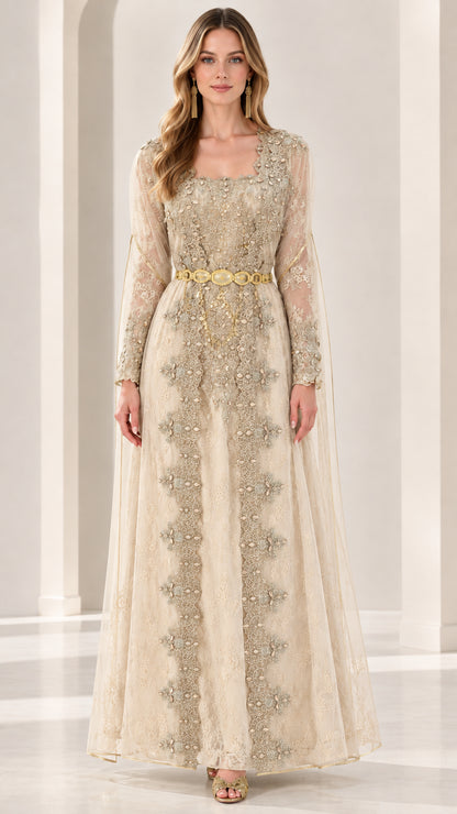 Champagne beige embellished lace maxi gown with metallic waist accent