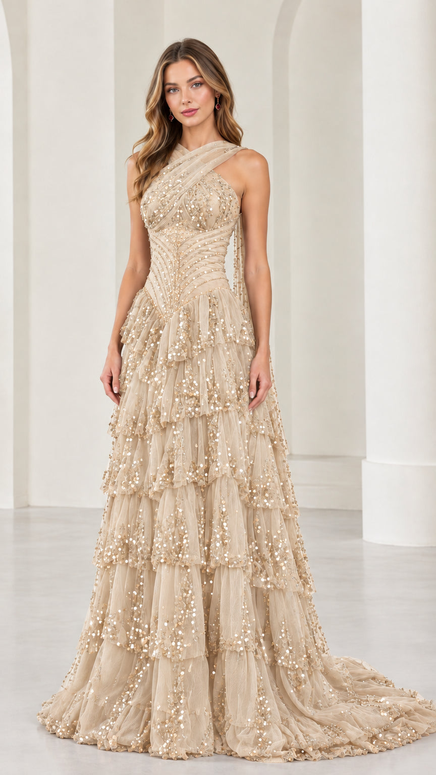 Champagne gold tiered sequin criss-cross halter evening gown