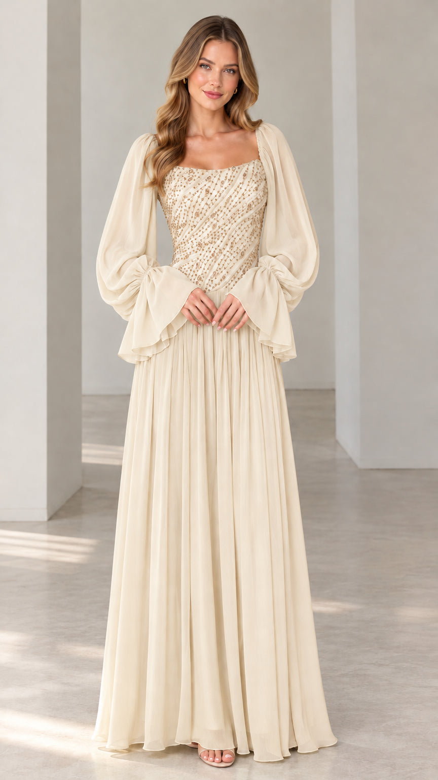 Champagne ivory sequin bodice long sleeve evening gown