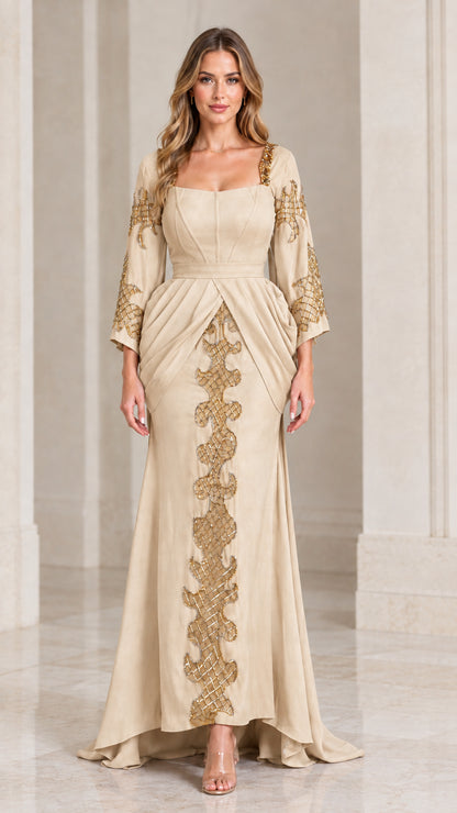Front view of champagne beige long sleeve formal gown with gold beadwork