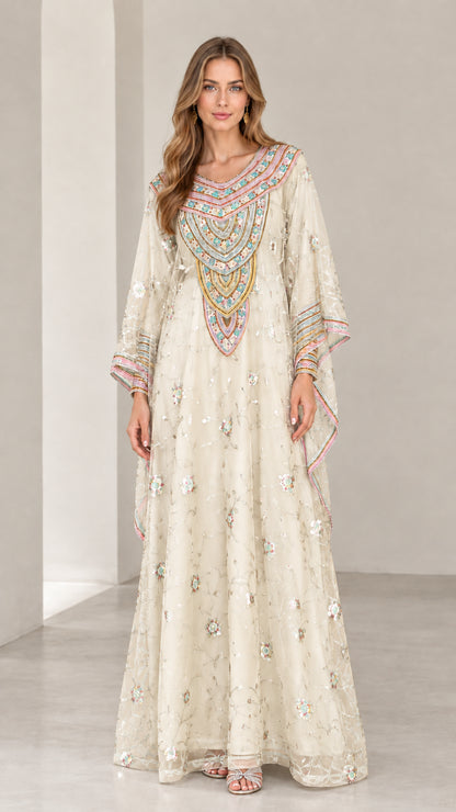 Full-length view of woman wearing Champagne cream embroidered kaftan maxi dress