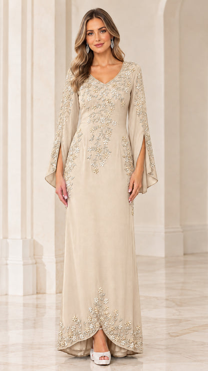 Front view of model wearing Champagne beige floral embroidered evening gown